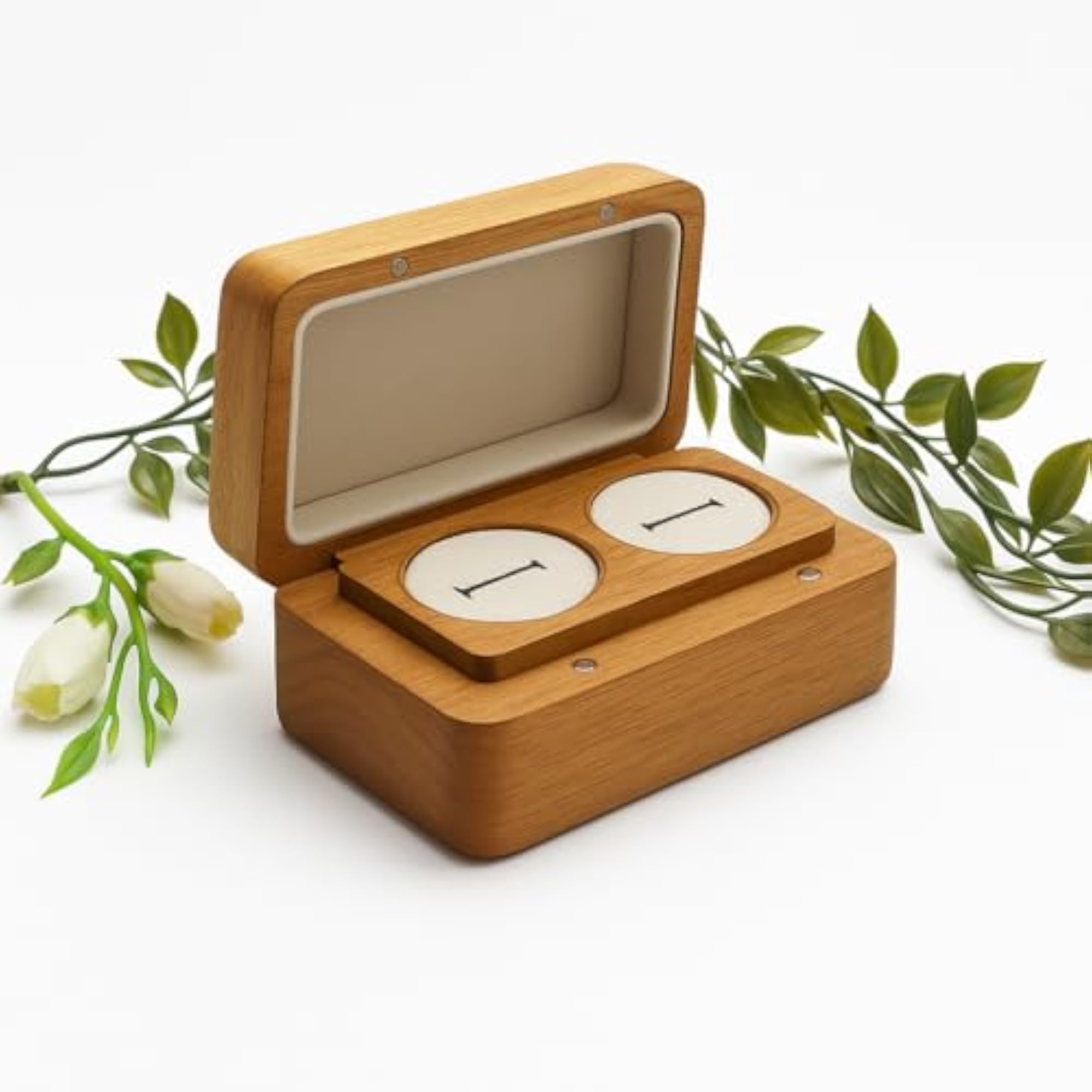 Double Round Slot Teak Wood Couple Ring Box